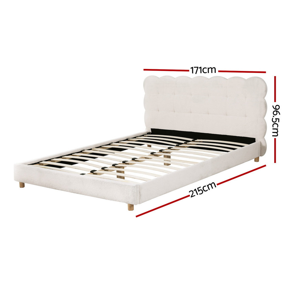Queen Size Bed Frame With Cloud Boucle Headboard White Platform Base | Queen