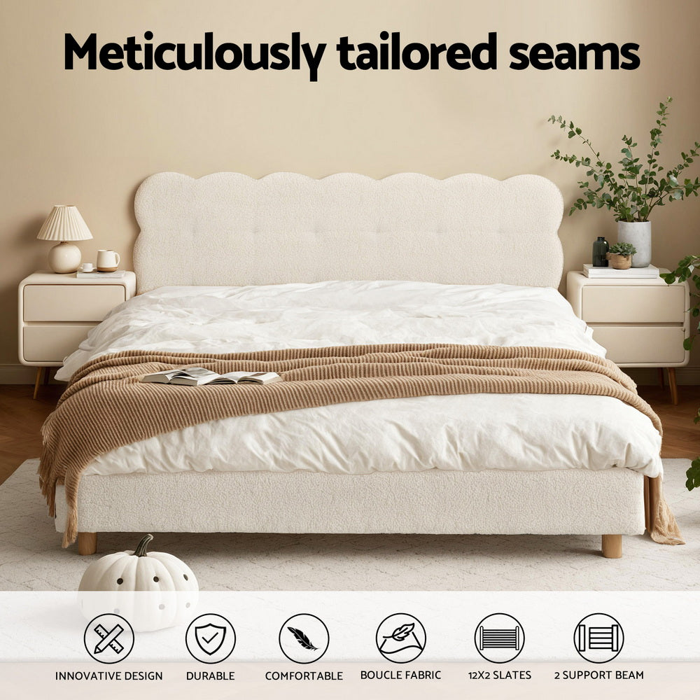 Fabric Mattress - Queen Size Bed Frame With Cloud Boucle Headboard White Platform Base