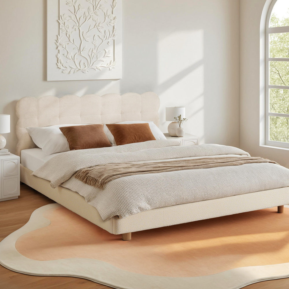 White colour - Queen Size Bed Frame With Cloud Boucle Headboard White Platform Base