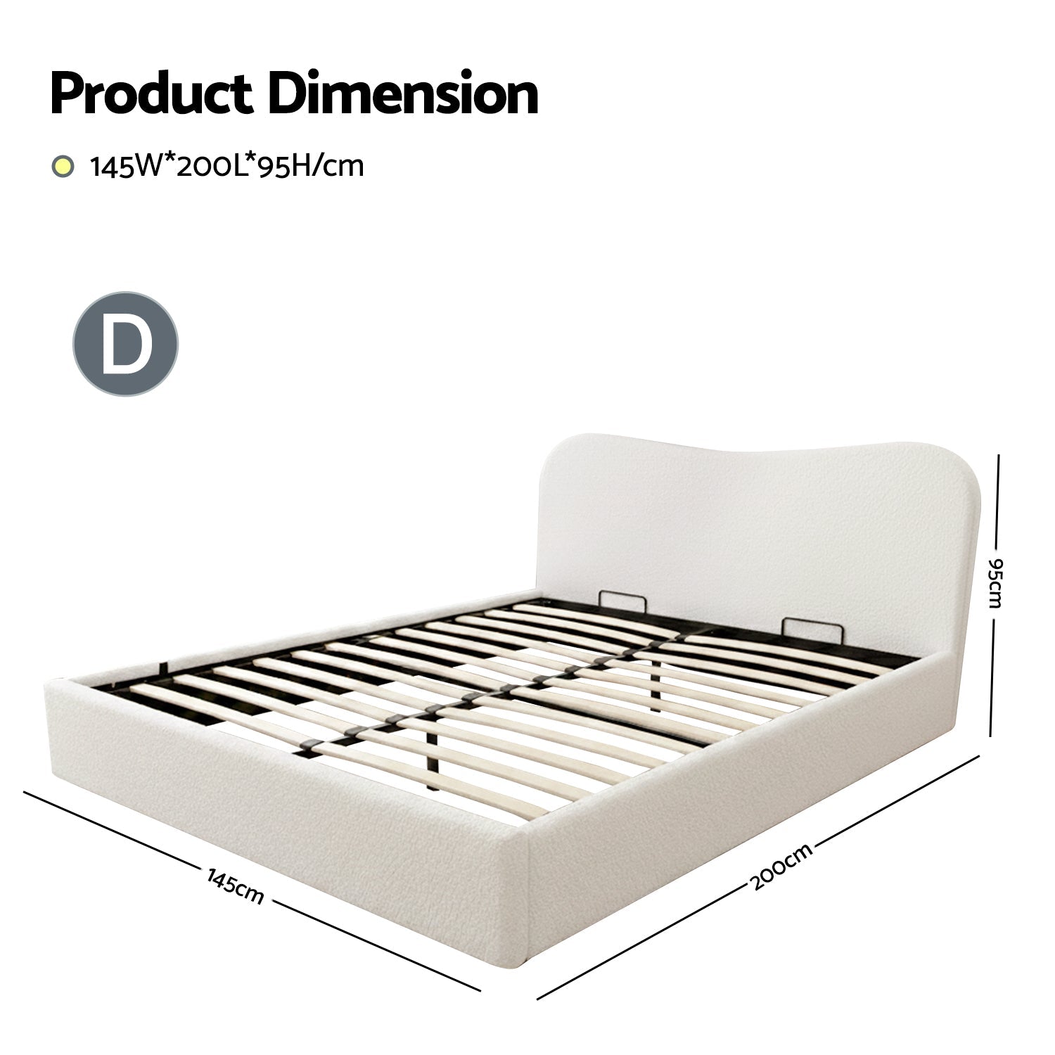 Double Size Gas Lift Bed Frame With Storage Wooden Boucle Upholstered White | Double