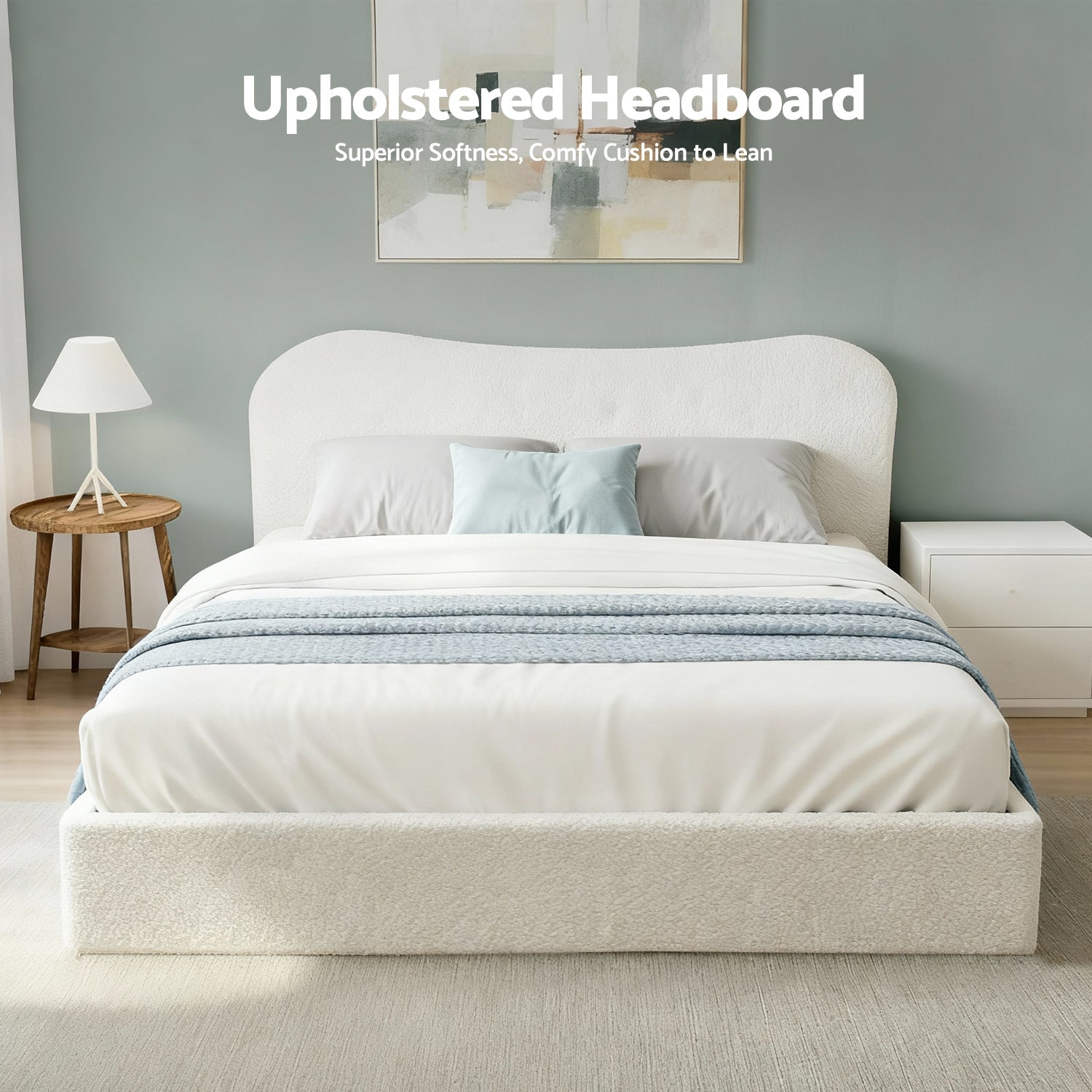 Double Size Gas Lift Bed Frame With Storage Wooden Boucle Upholstered White