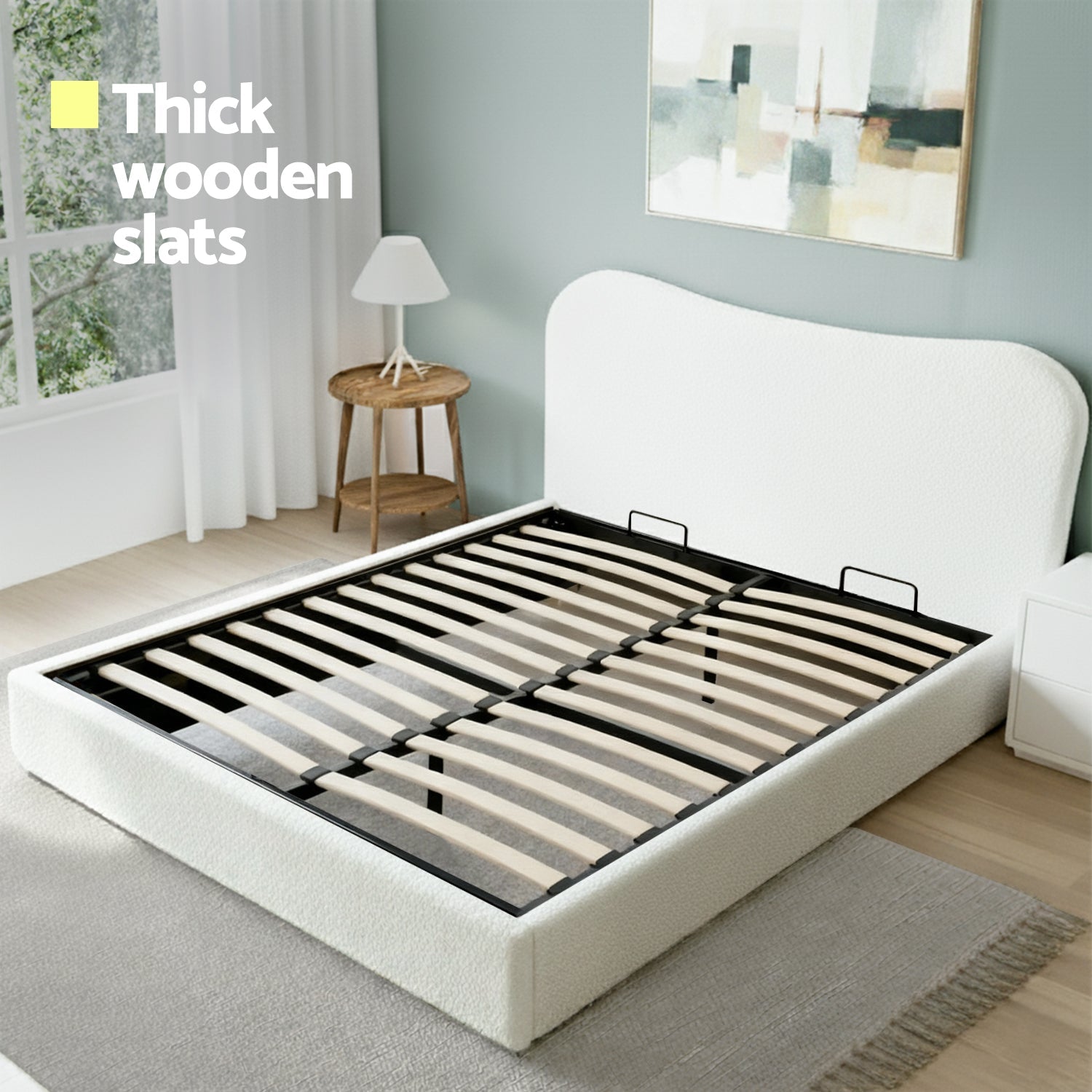 Gaslift Platform Mattress Base - Double Size Gas Lift Bed Frame With Storage Wooden Boucle Upholstered White