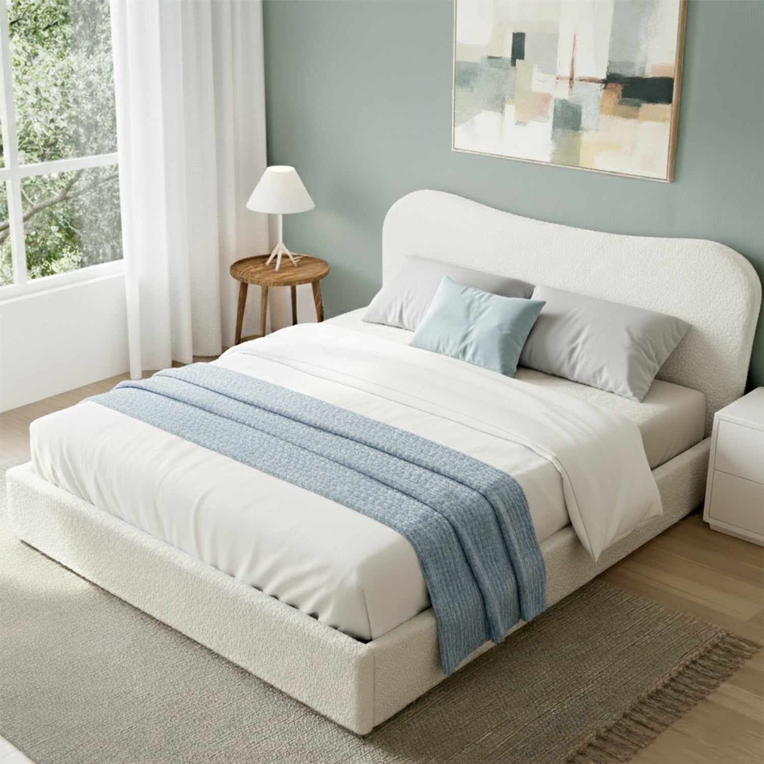 Beds & Bed Frames - Queen Size Gas Lift Bed Frame With Storage Wooden Boucle Upholstered White