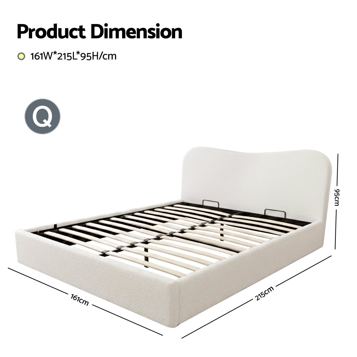 Queen Size Gas Lift Bed Frame With Storage Wooden Boucle Upholstered White | Queen