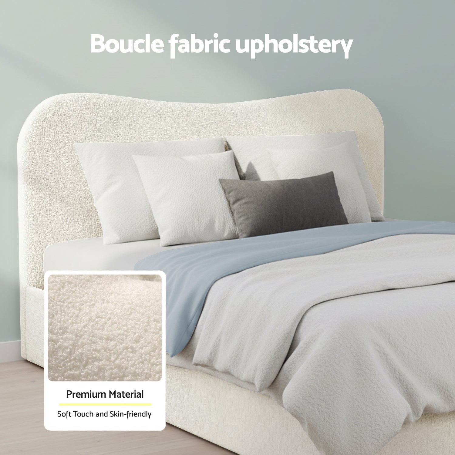 Queen Size Gas Lift Bed Frame With Storage Wooden Boucle Upholstered White with Wooden finish