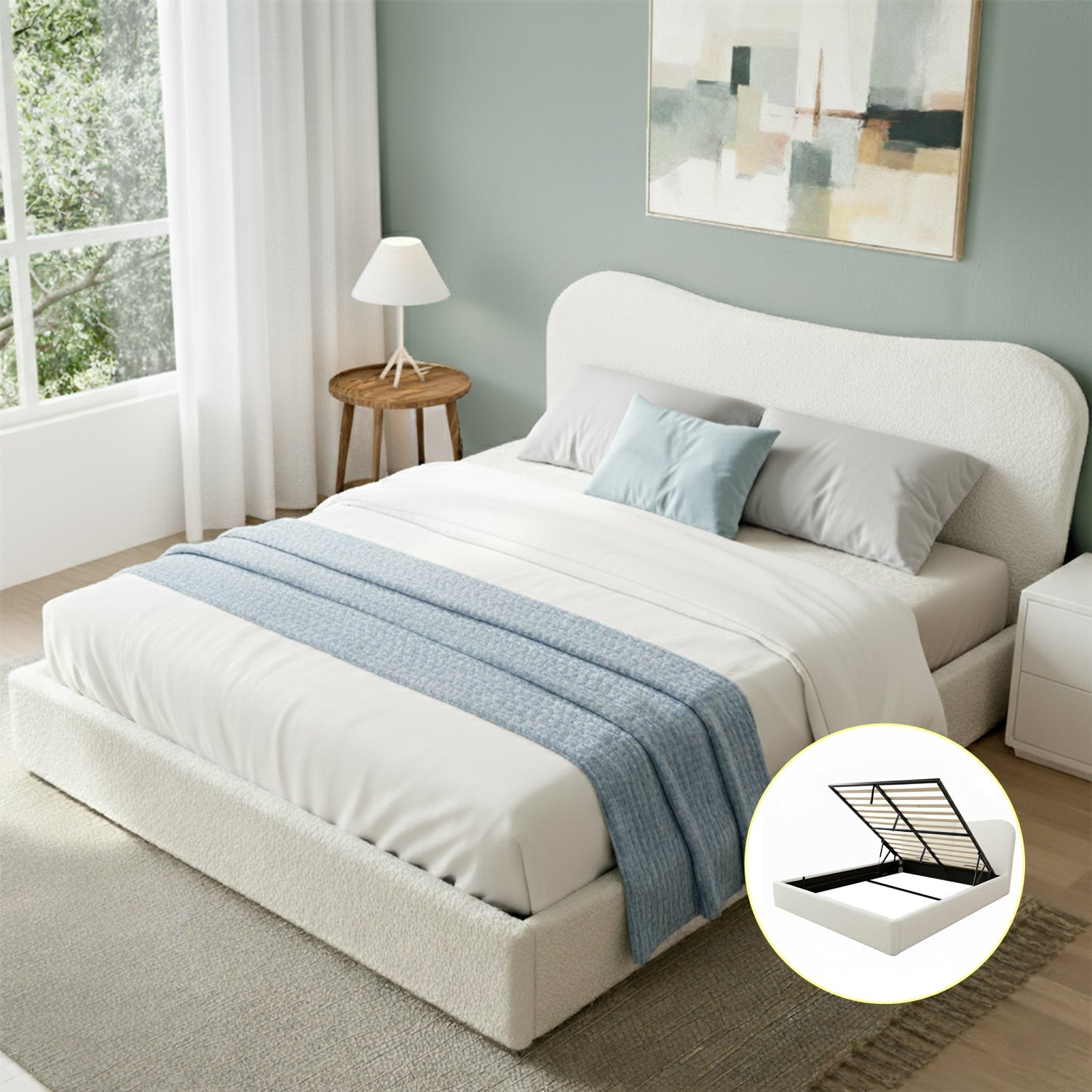 Queen - Queen Size Gas Lift Bed Frame With Storage Wooden Boucle Upholstered White