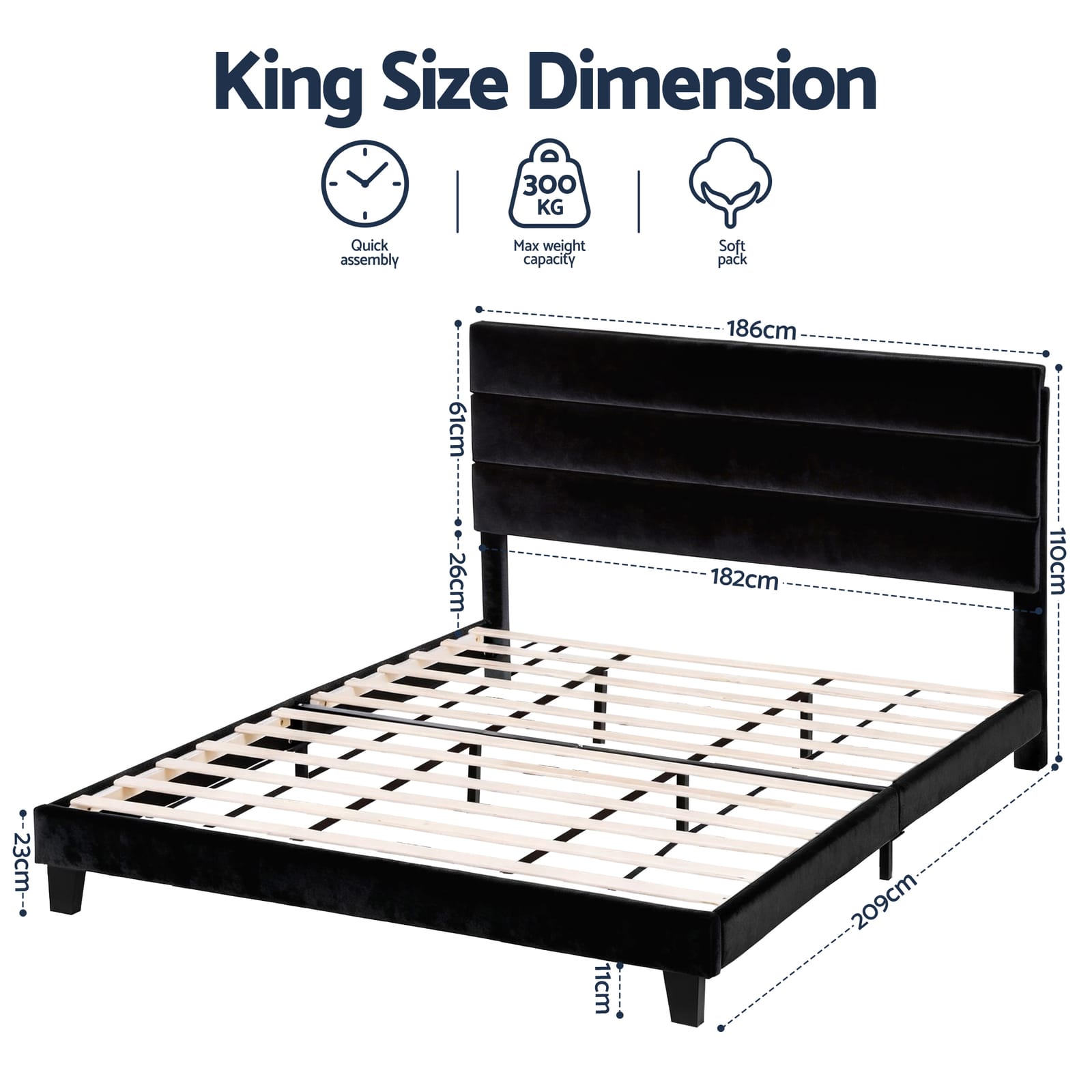 King Bed Frame Velvet Upholstered