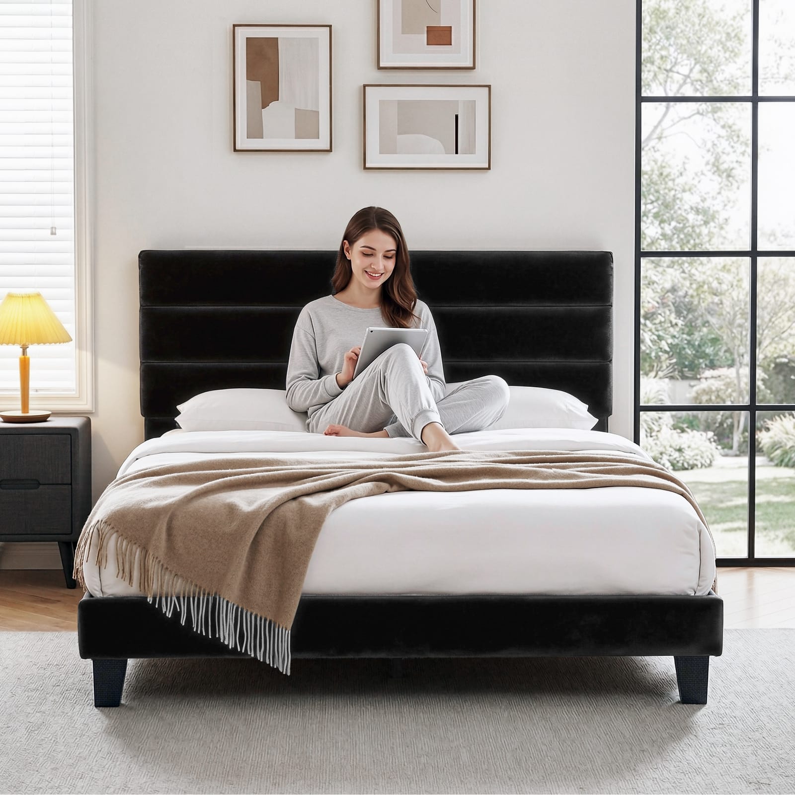 King Bed Frame Velvet Upholstered