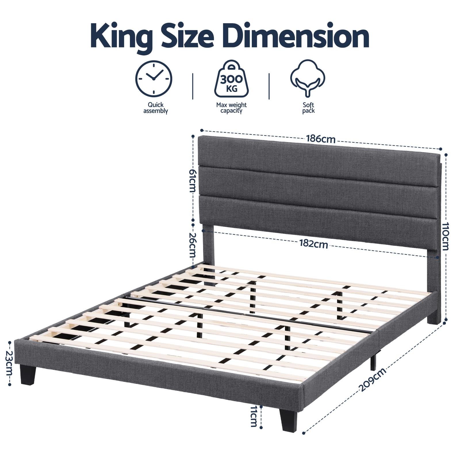 King Bed Frame Charcoal Upholstered