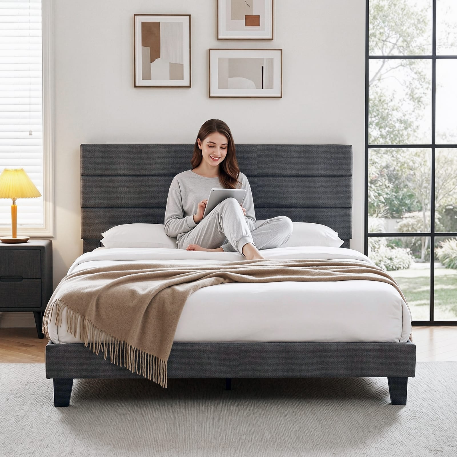 King Bed Frame Charcoal Upholstered