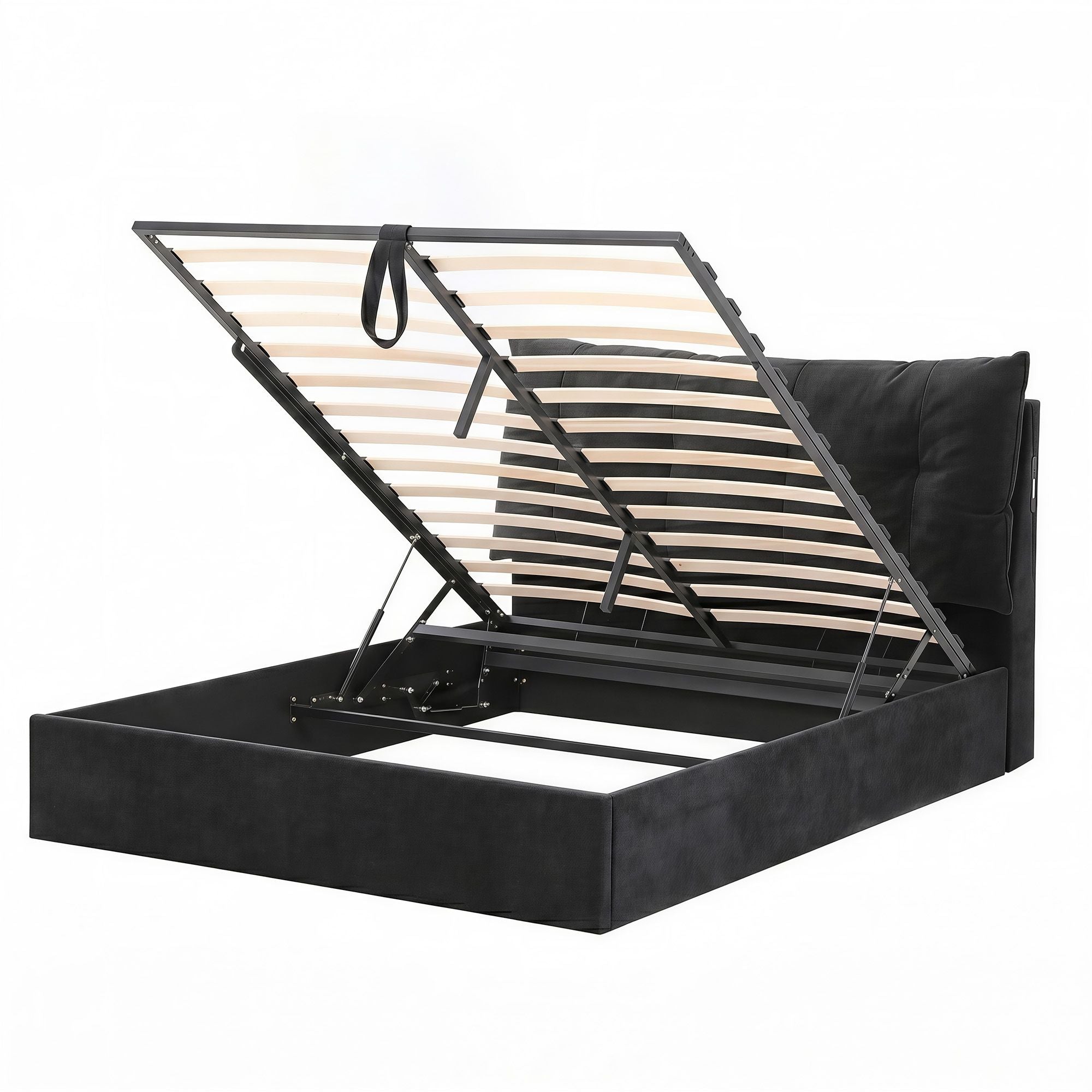 Queen Gas Lift Bed LED USB Velvet Black | Simpledeals