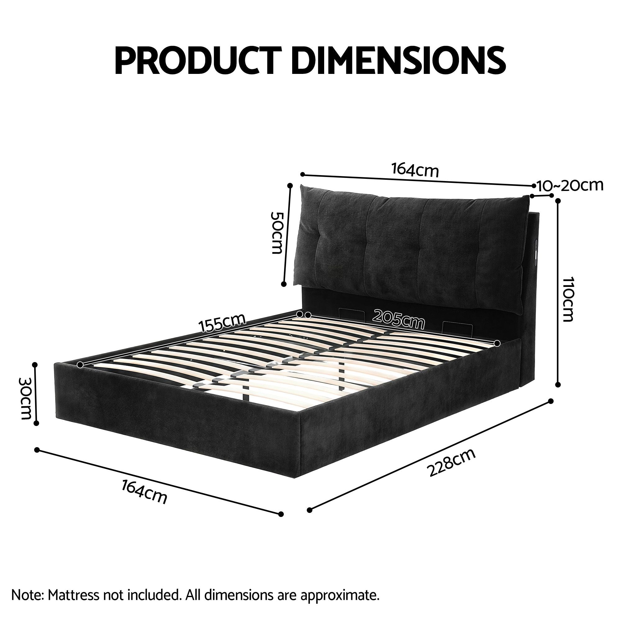 Queen Gas Lift Bed LED USB Velvet Black | Simpledeals