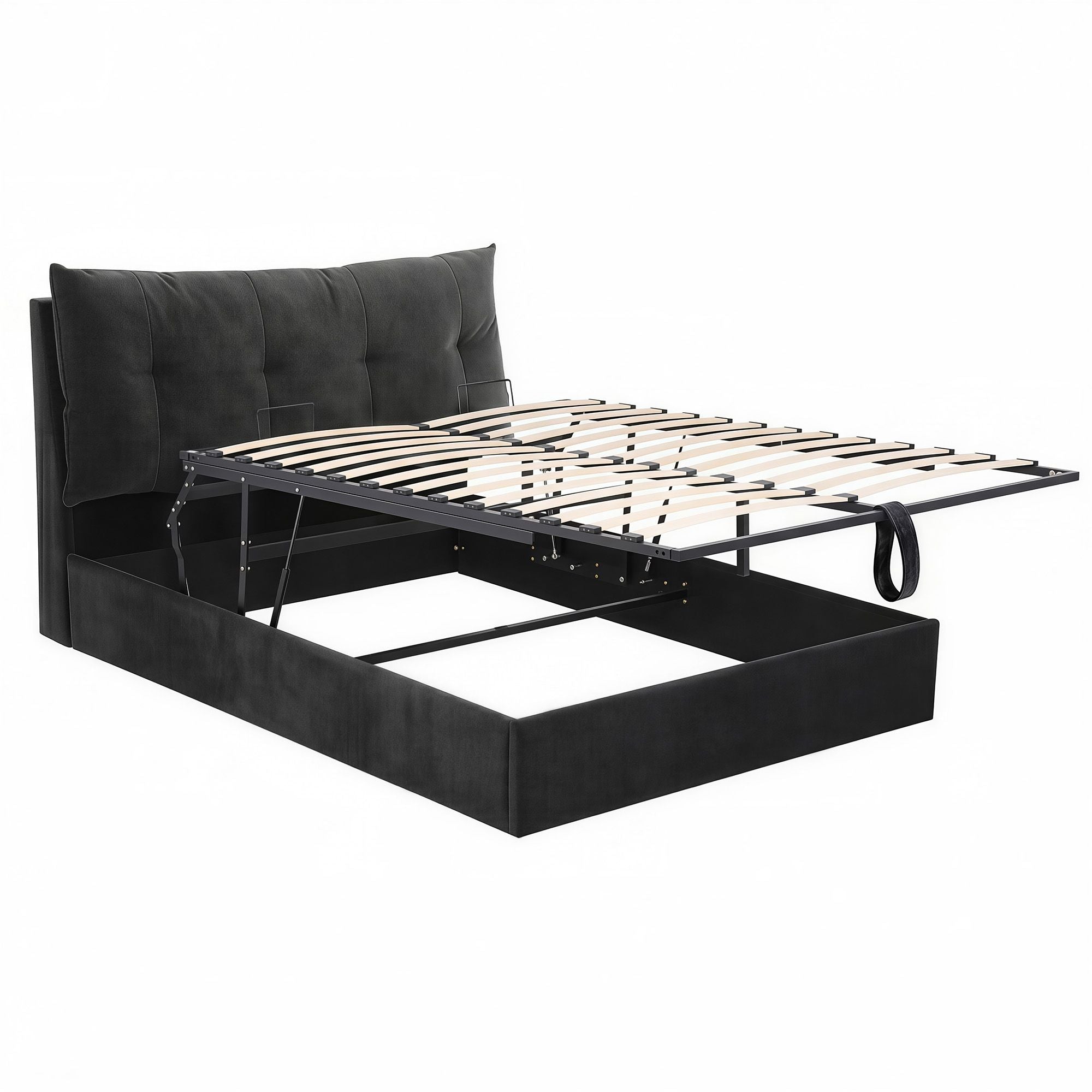 Queen Gas Lift Bed LED USB Velvet Black | Simpledeals