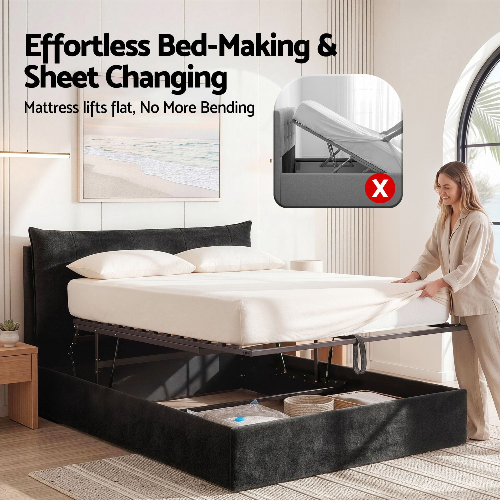 Queen Gas Lift Bed LED USB Velvet Black | Simpledeals