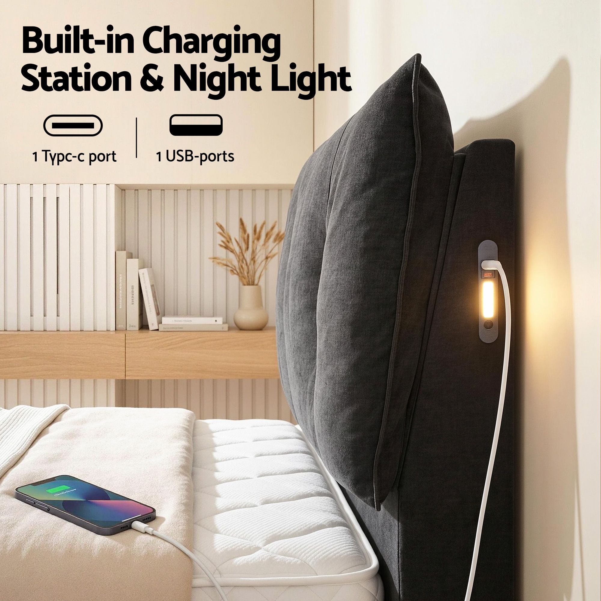Queen Gas Lift Bed LED USB Velvet Black | Simpledeals