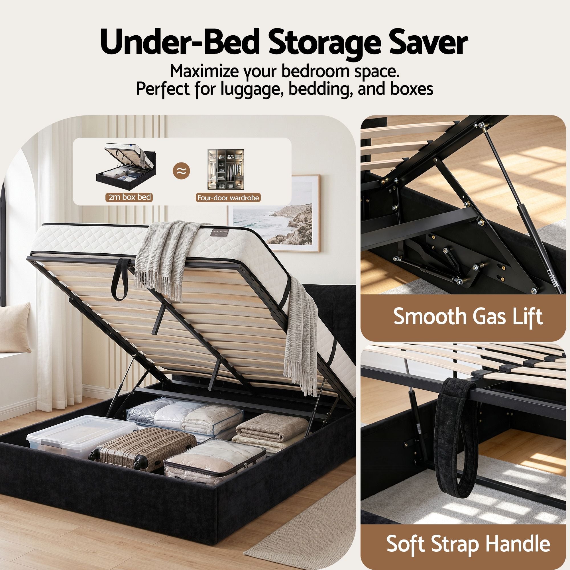 Queen Gas Lift Bed LED USB Velvet Black | Simpledeals