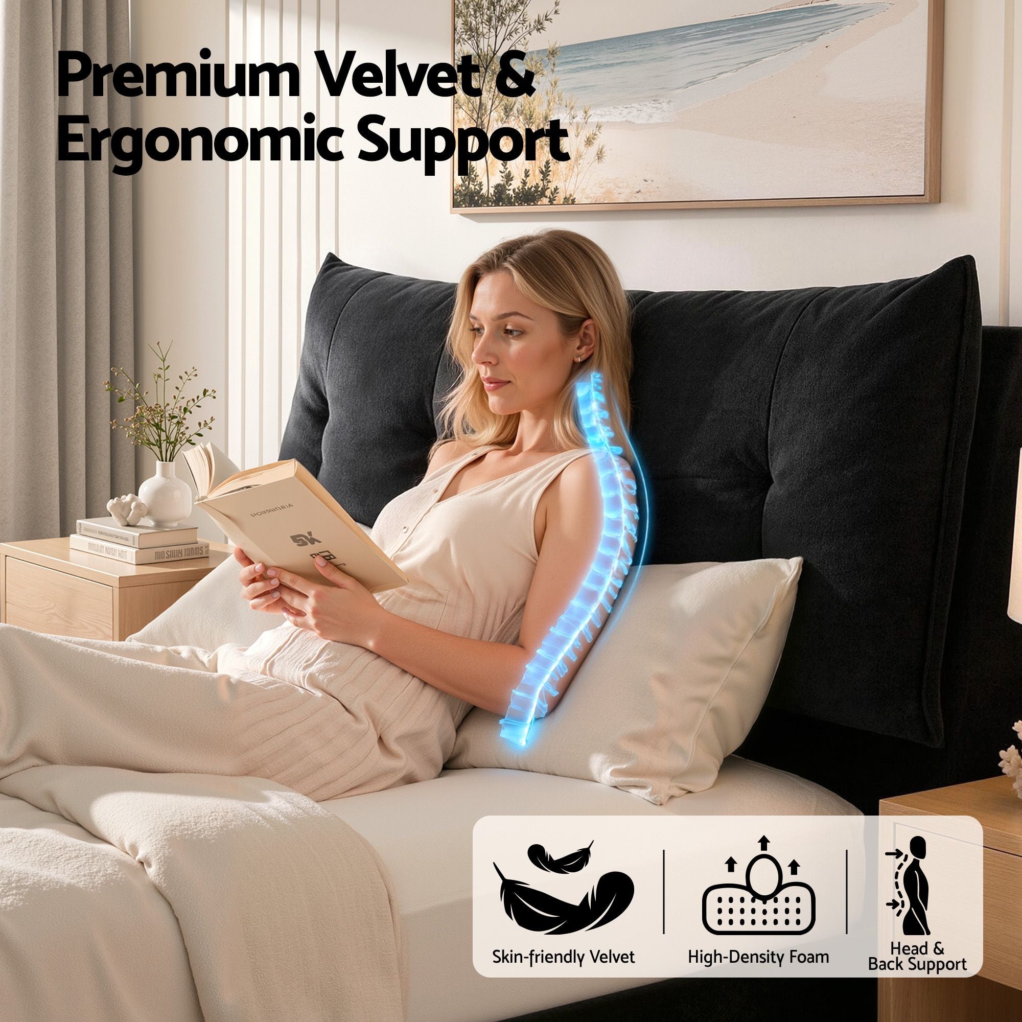 Queen Gas Lift Bed LED USB Velvet Black | Simpledeals