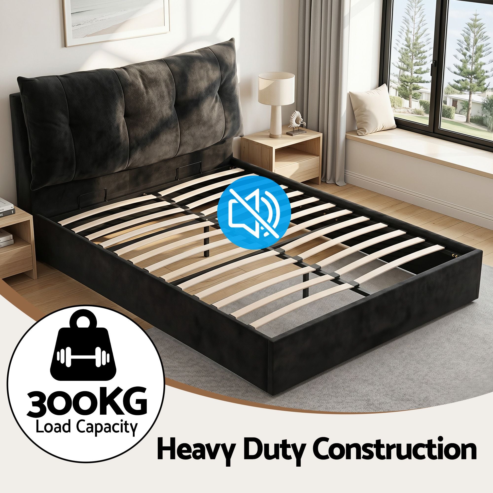 Queen Gas Lift Bed LED USB Velvet Black | Simpledeals