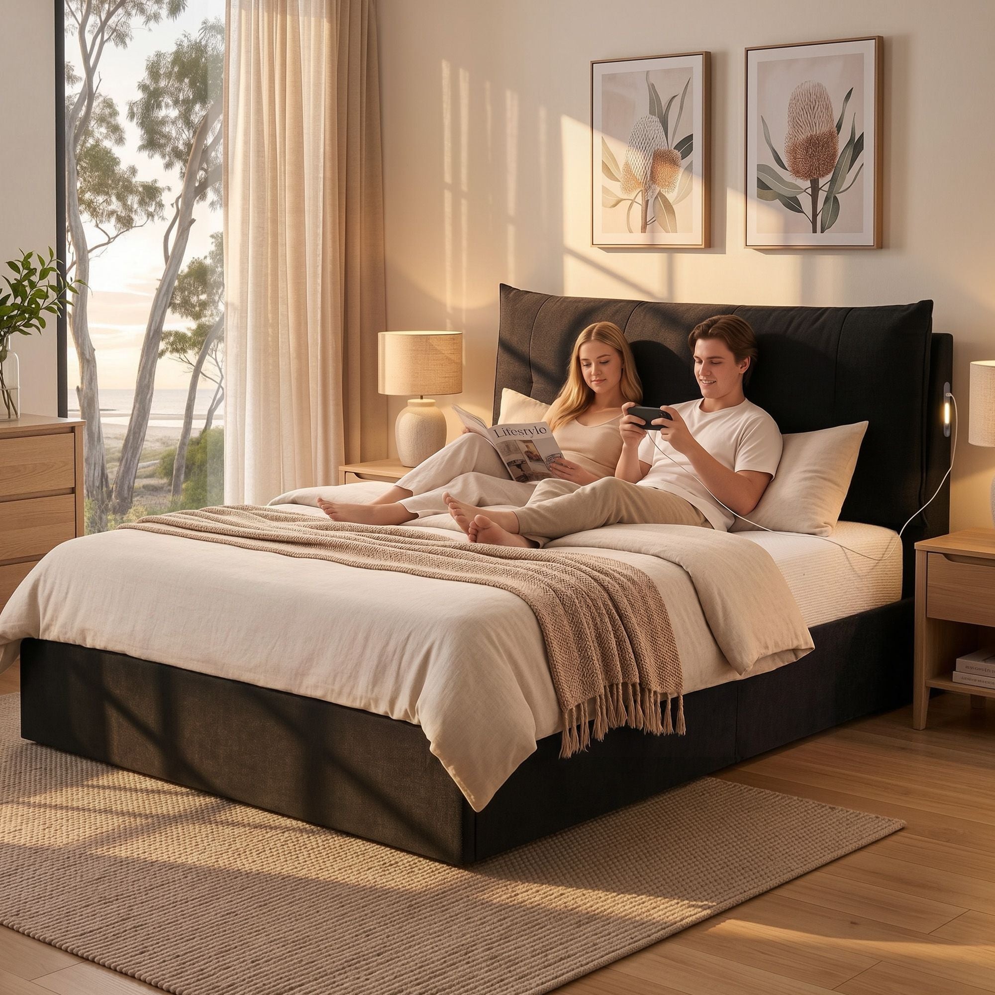 Queen Gas Lift Bed LED USB Velvet Black | Simpledeals