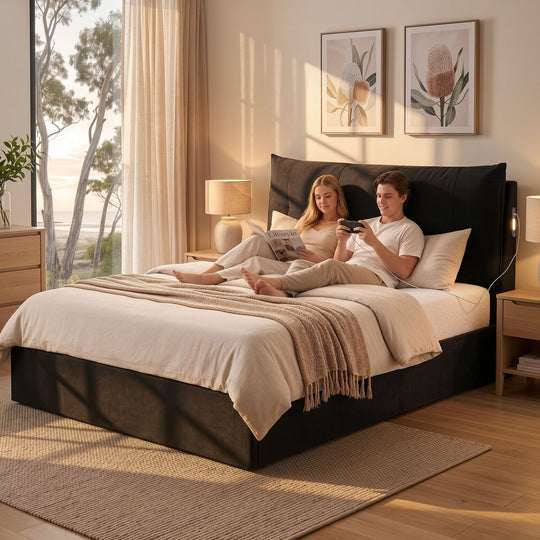 Queen Gas Lift Bed LED USB Velvet Black - Beds & Bed Frames