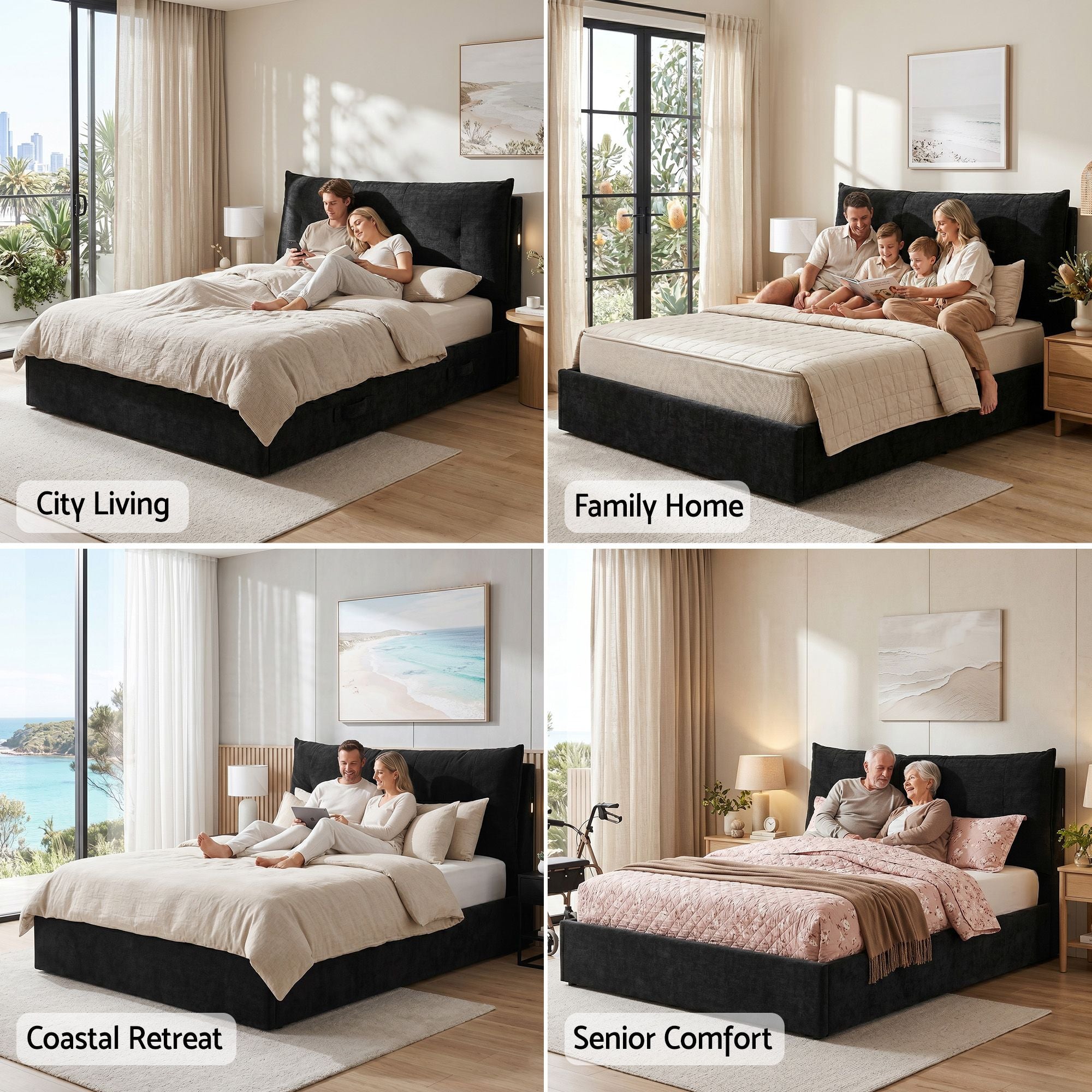 Queen Gas Lift Bed LED USB Velvet Black | Simpledeals
