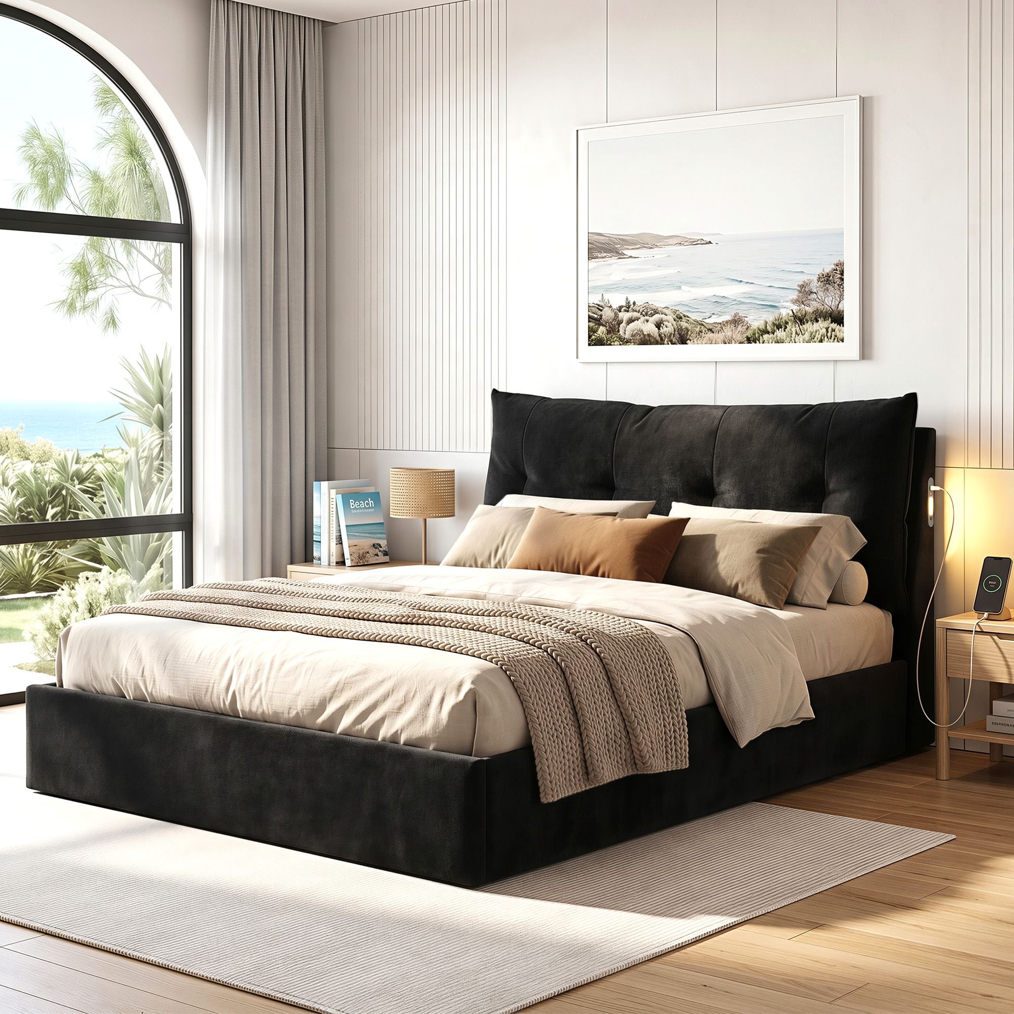Queen Gas Lift Bed LED USB Velvet Black | Simpledeals