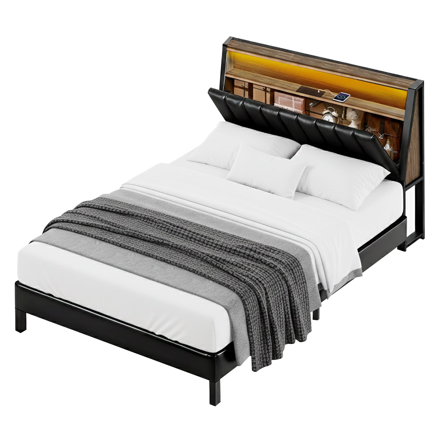 Black colour - Bed Frame With LED Storage Headboard And Charging Station Black-Double Size