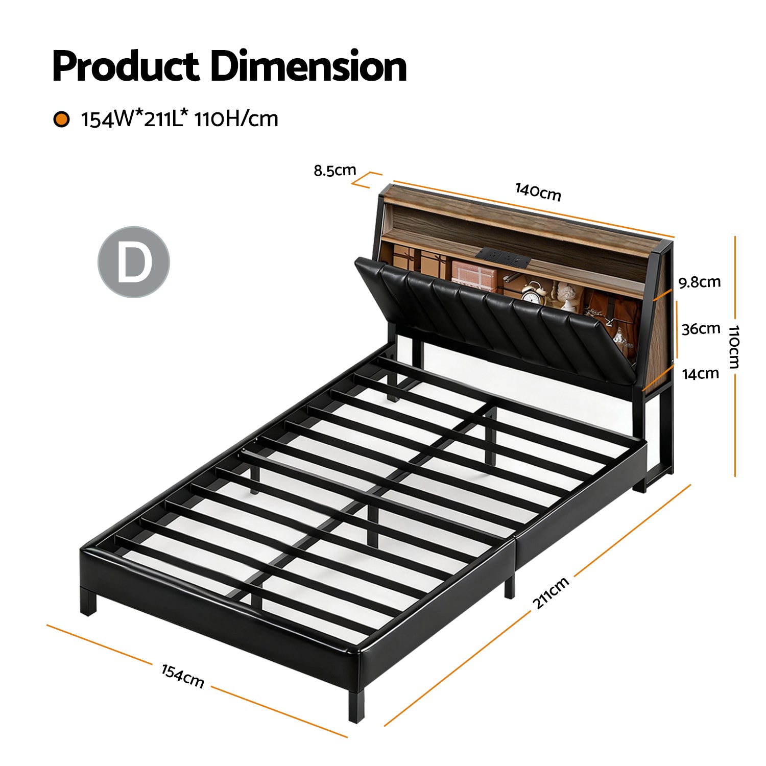 Beds & Bed Frames - Bed Frame With LED Storage Headboard And Charging Station Black-Double Size