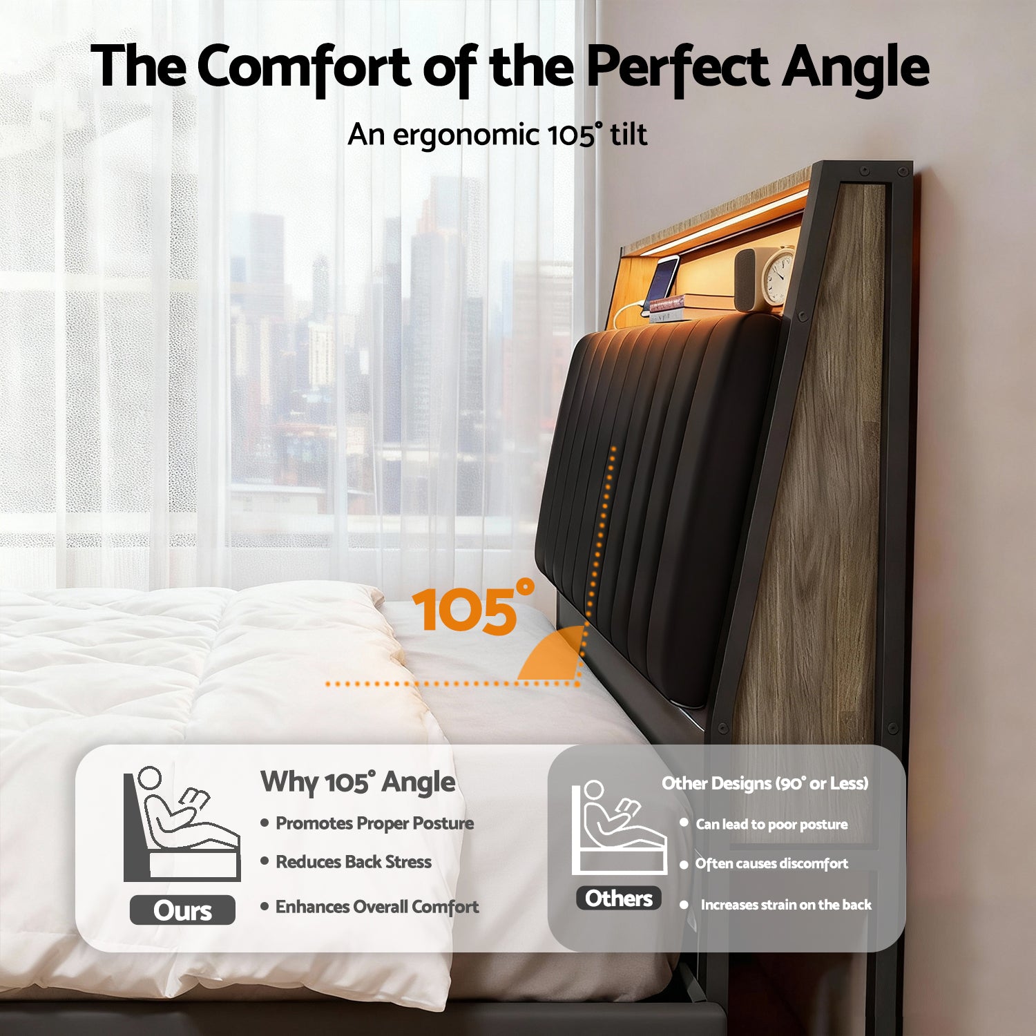 Bed Frame With LED Storage Headboard And Charging Station Black-Double Size | Black colour