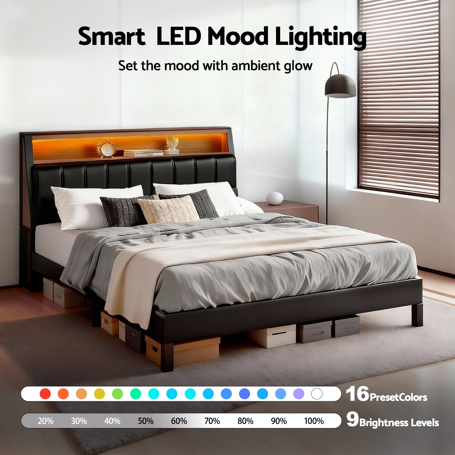 Bed Frame With LED Storage Headboard And Charging Station Black-Double Size, Beds & Bed Frames
