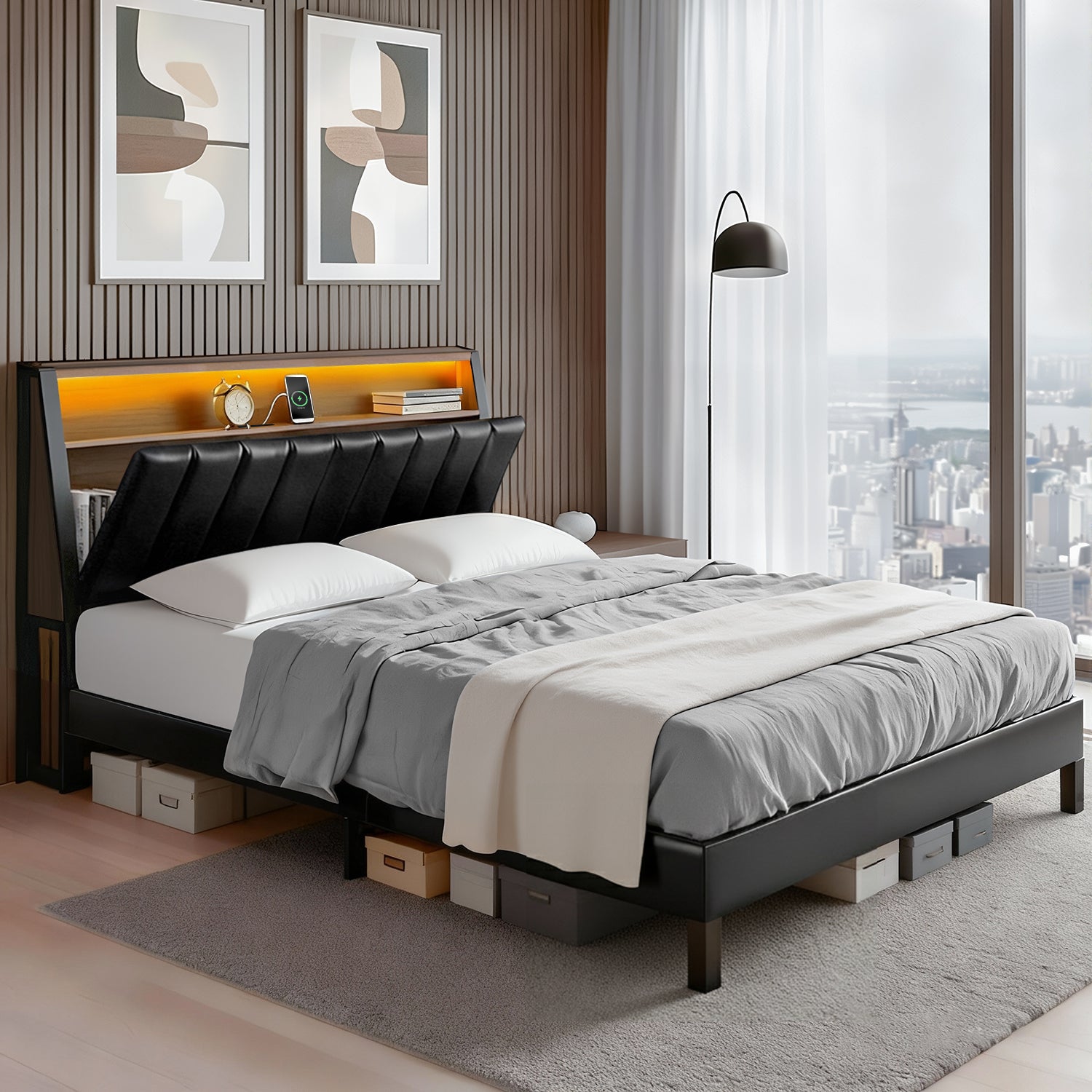 Bed Frame With LED Storage Headboard And Charging Station Black-Double Size, Black colour