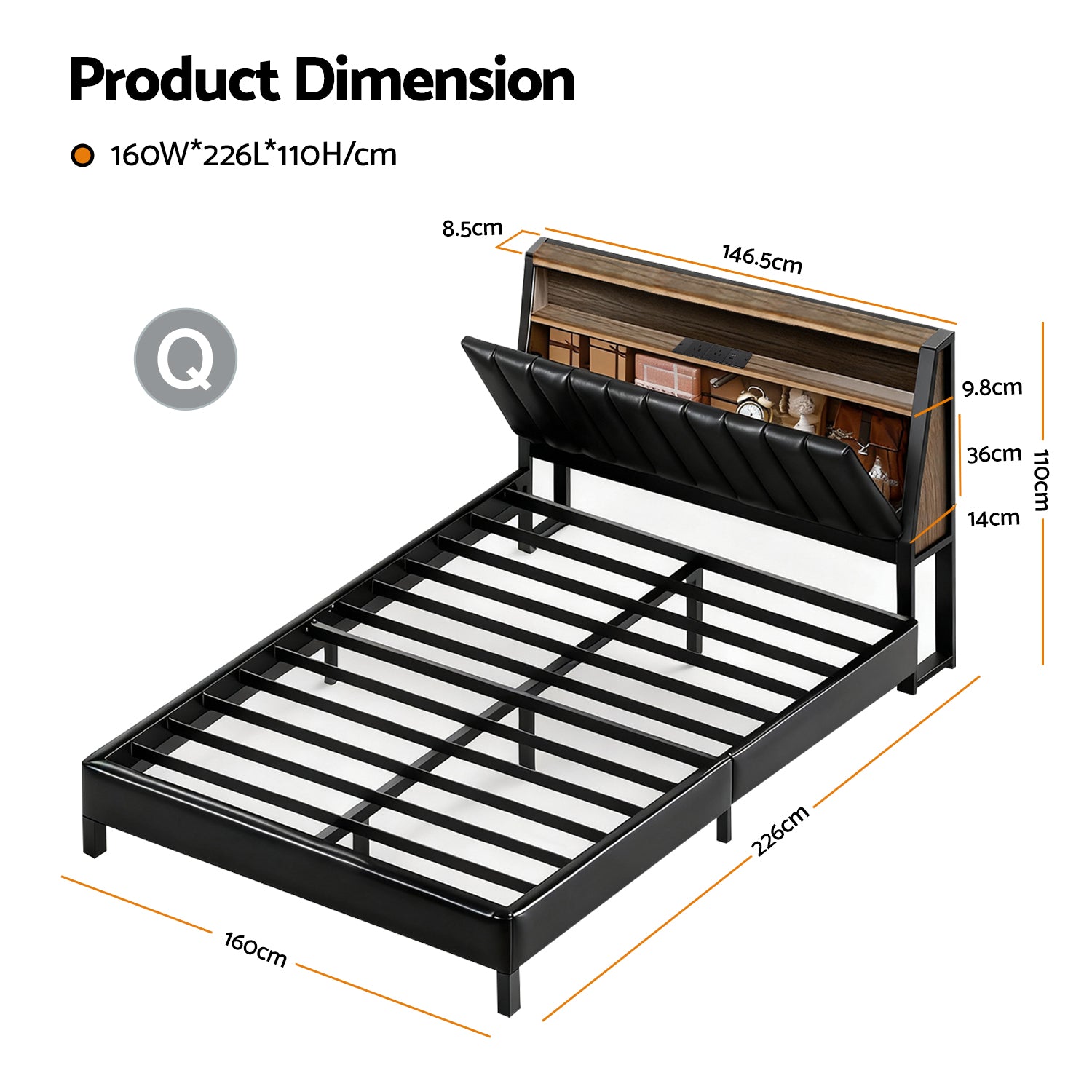 Queen Size Bed Frame With LED Storage Headboard And Charging Station Black | Black colour