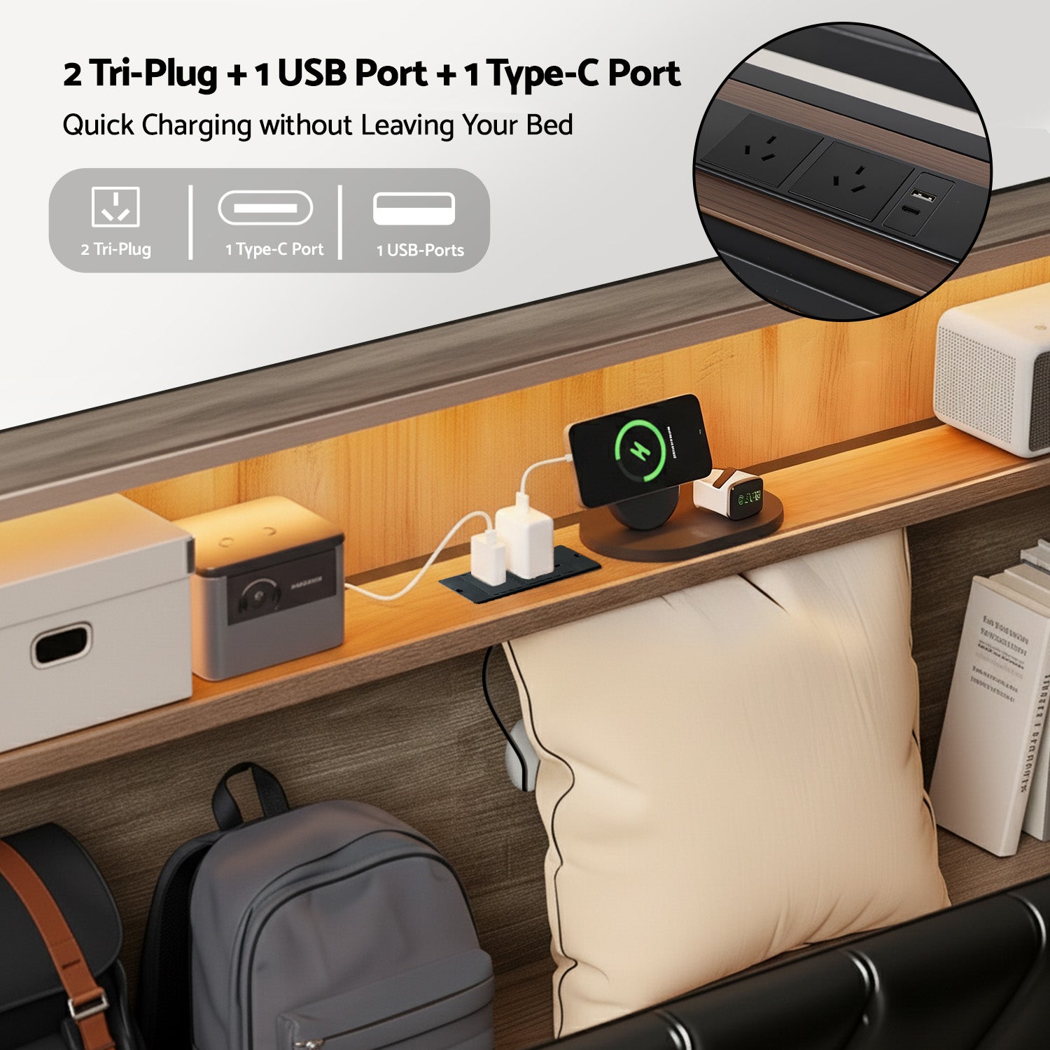 Queen Size Bed Frame With LED Storage Headboard And Charging Station Black
