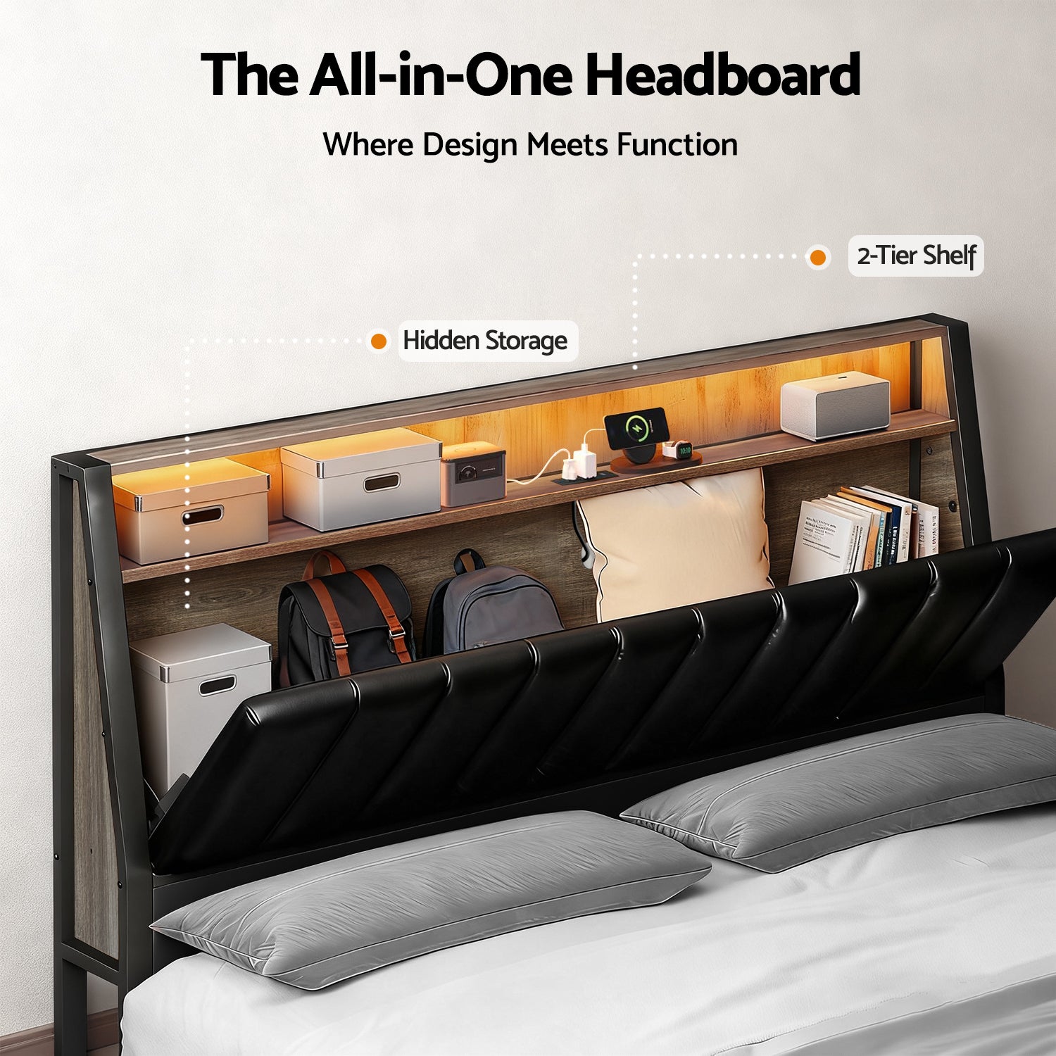 Beds & Bed Frames - Queen Size Bed Frame With LED Storage Headboard And Charging Station Black