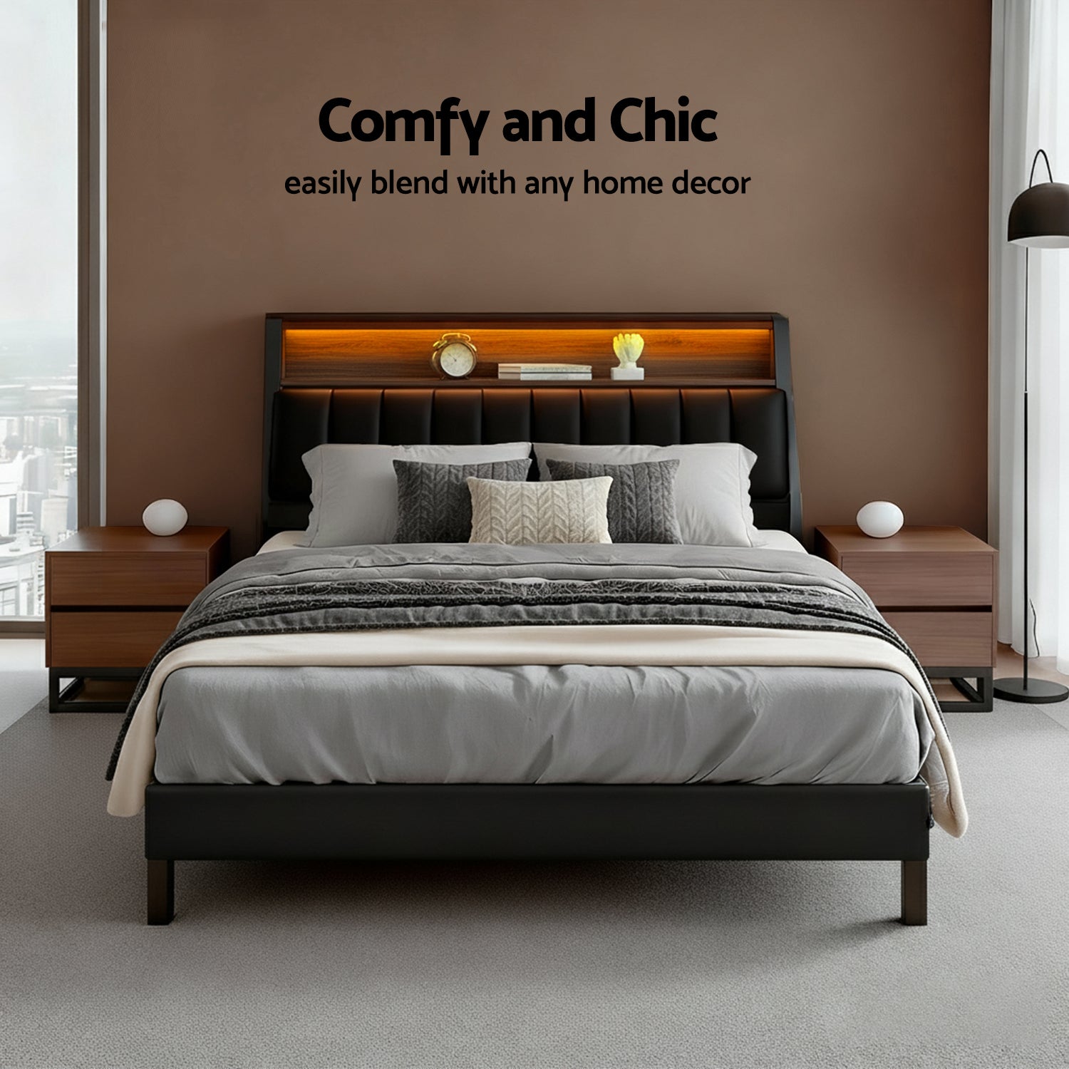 Queen Size Bed Frame With LED Storage Headboard And Charging Station Black | Beds & Bed Frames