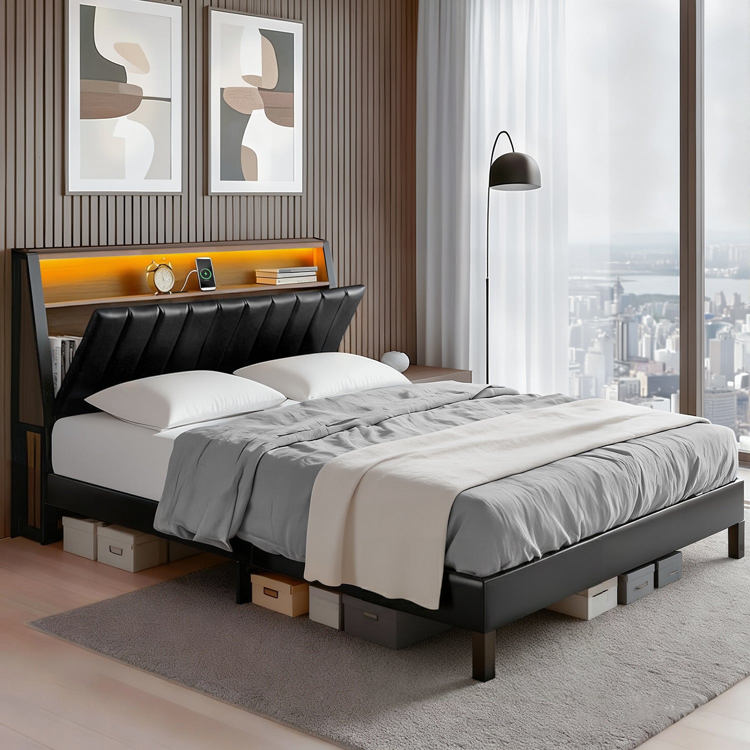 Queen Size Bed Frame With LED Storage Headboard And Charging Station Black | Queen