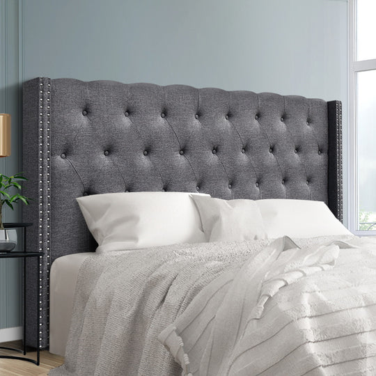 King Size Bed Headboard Fabric Frame Base Grey