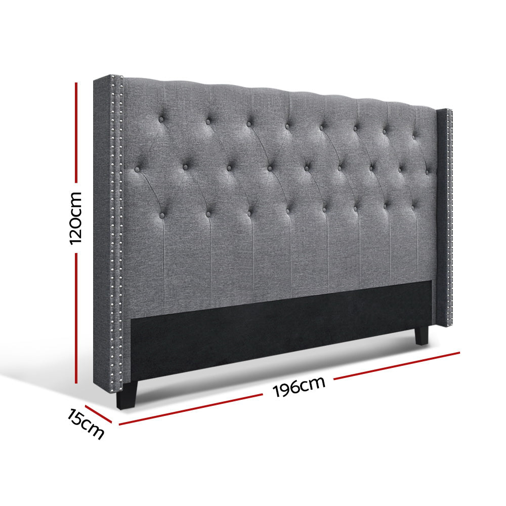 King Size Bed Head Grey Fabric Winged Tufted Headboard