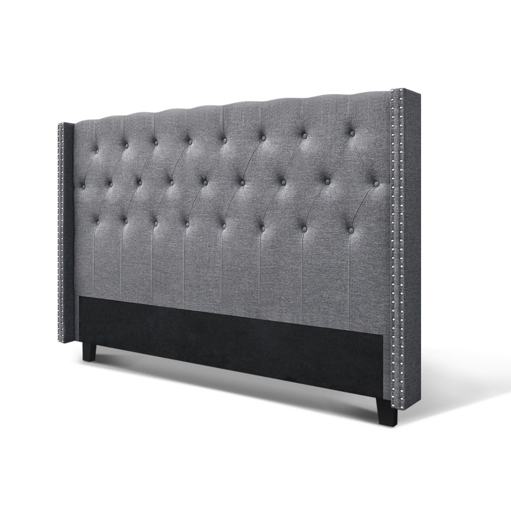 King Size Bed Head Grey Fabric Winged Tufted Headboard