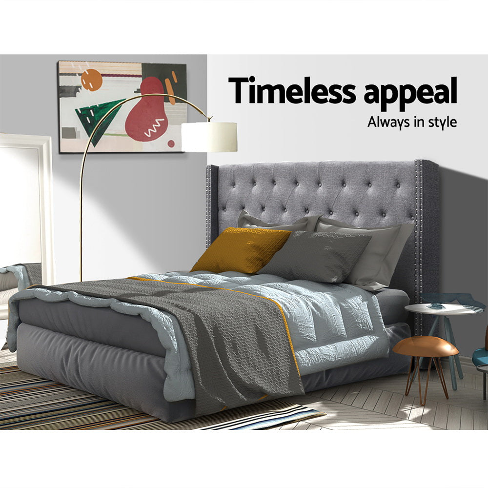 King Size Bed Head Grey Fabric Winged Tufted Headboard