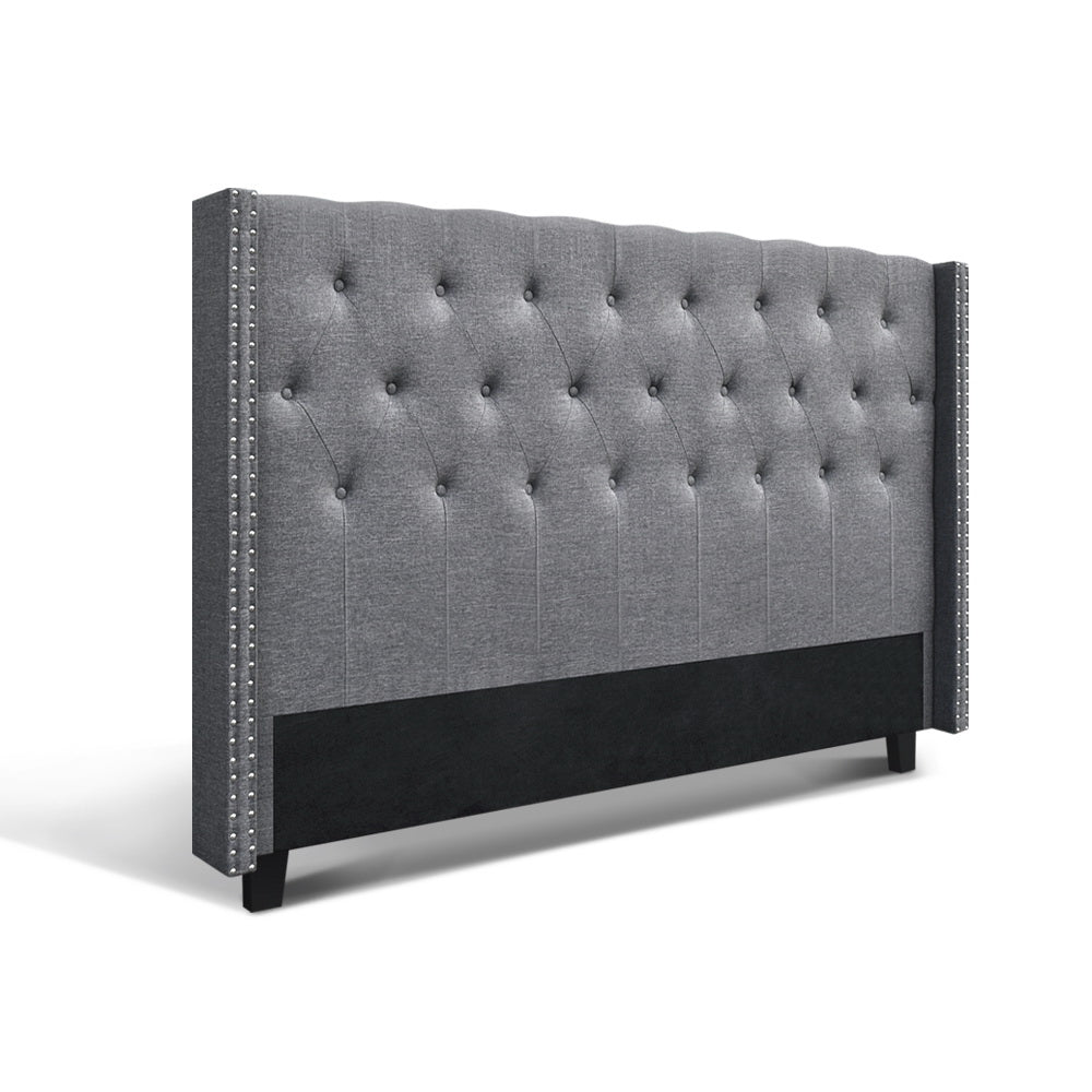King Size Bed Head Grey Fabric Winged Tufted Headboard