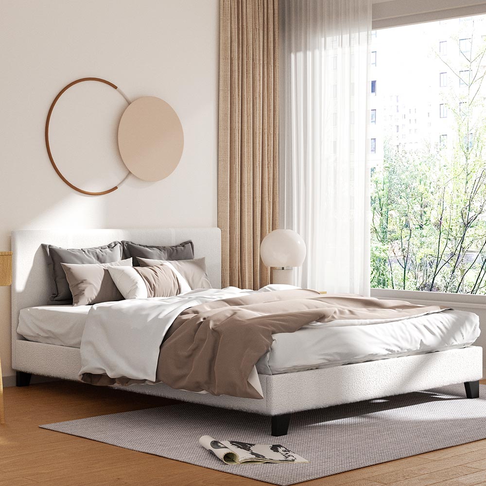 Queen Size Boucle Upholstered Bed Frame With Padded Design