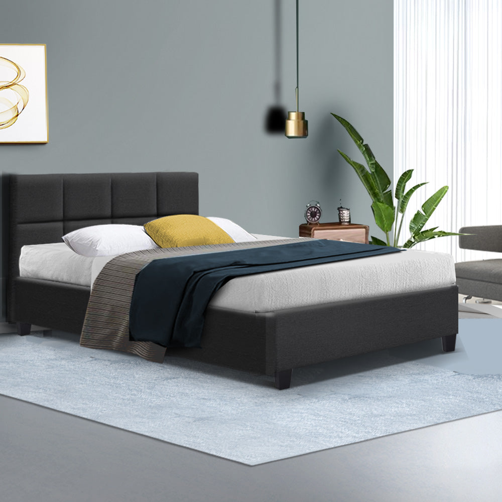 Double Bed Frame Charcoal Linen Upholstered Wooden Slat Bed with Plush Headboard