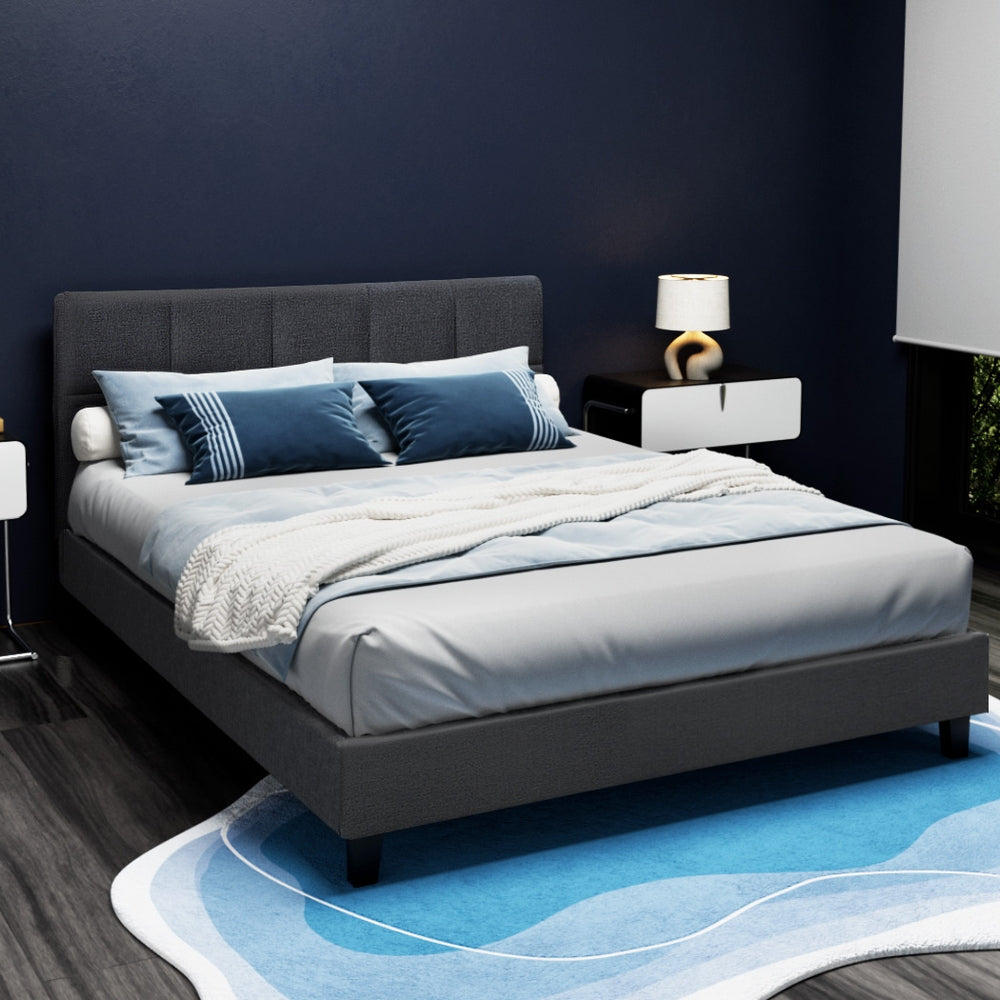 Queen Bed Frame Charcoal Linen Upholstered with Wooden Slats