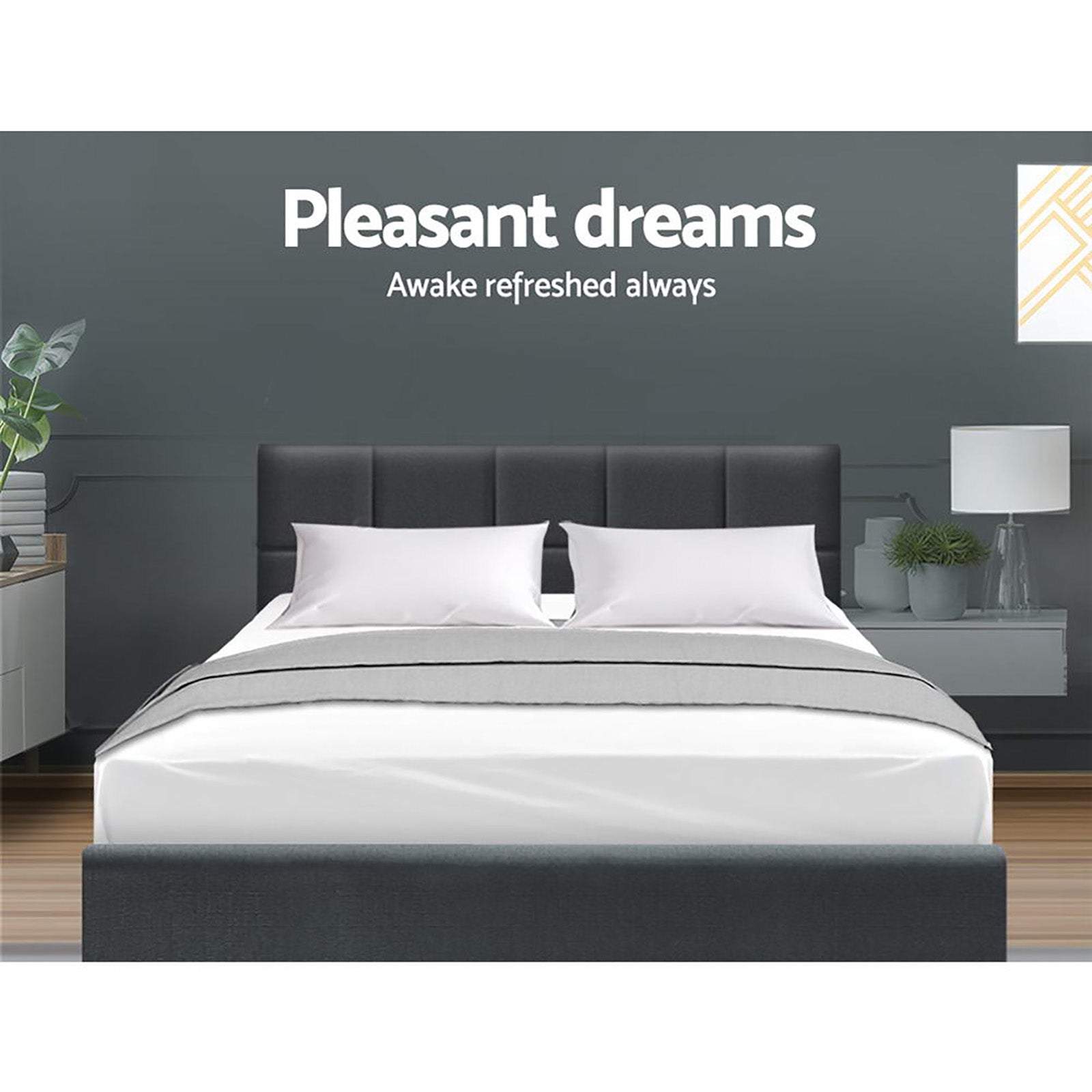 Queen Bed Frame Charcoal Linen Upholstered with Wooden Slats