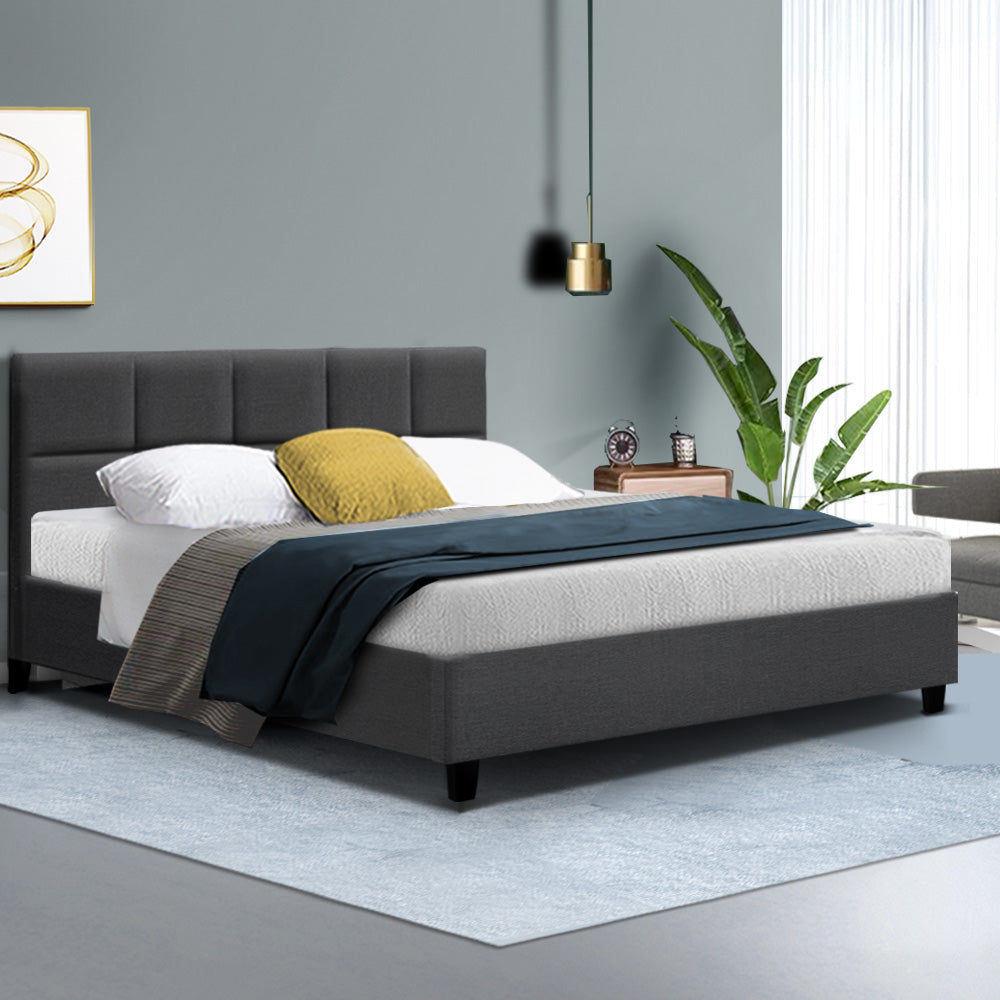 Queen Bed Frame Charcoal Linen Upholstered with Wooden Slats