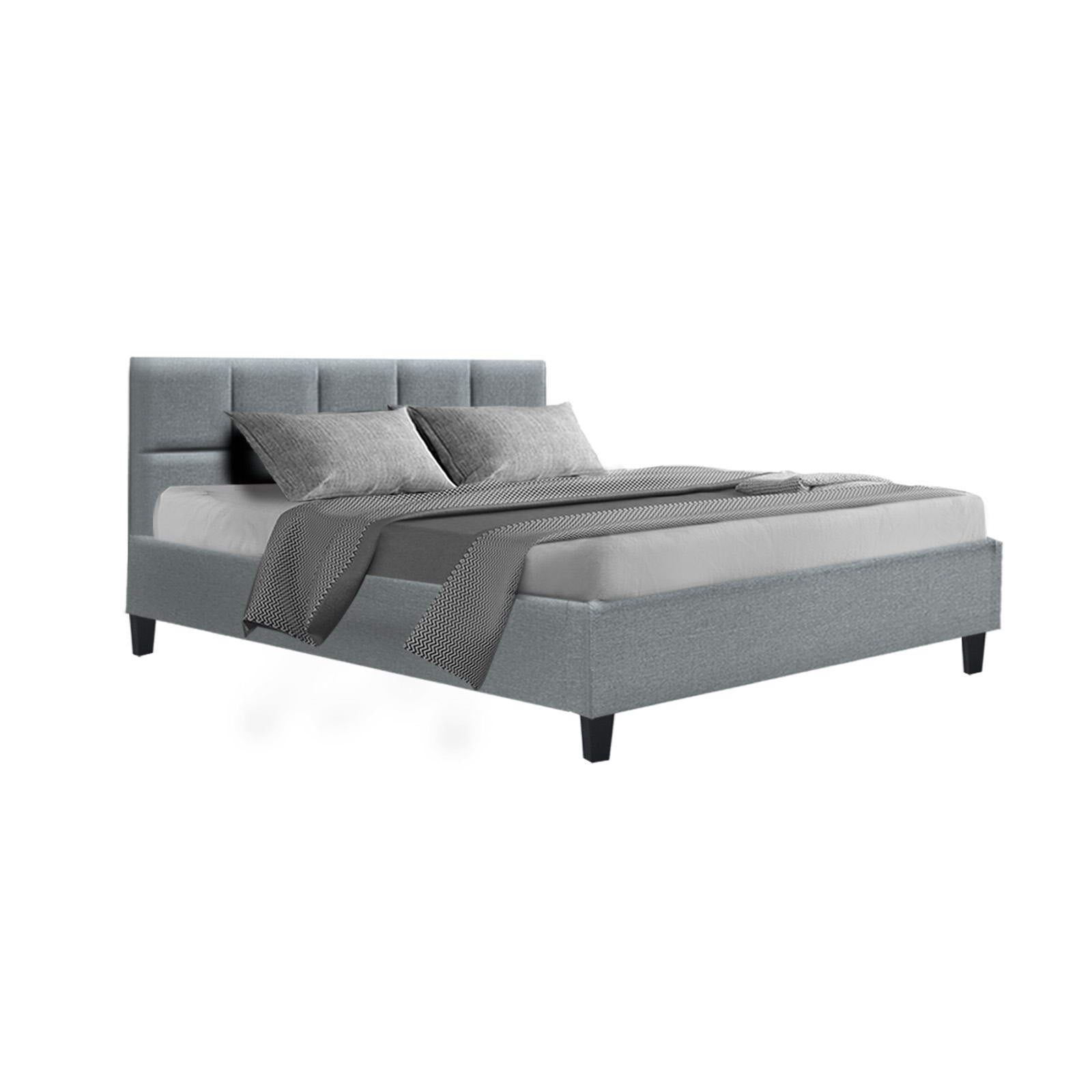 Queen Bed Frame Grey Linen Upholstered Wooden Slat Bed with Plush Headboard
