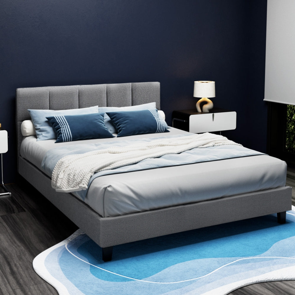 Queen Bed Frame Grey Linen Upholstered Wooden Slat Bed with Plush Headboard