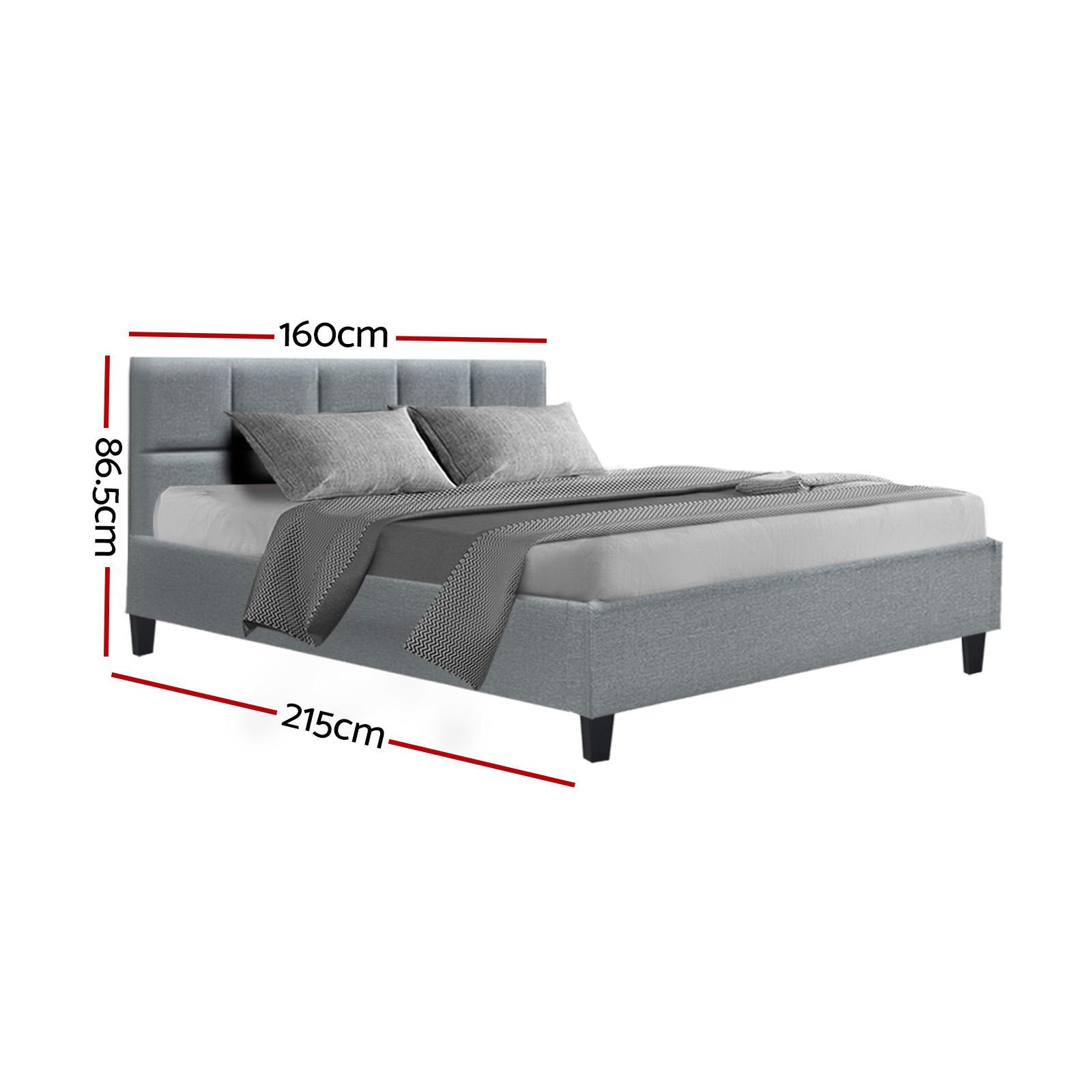Queen Bed Frame Grey Linen Upholstered Wooden Slat Bed with Plush Headboard