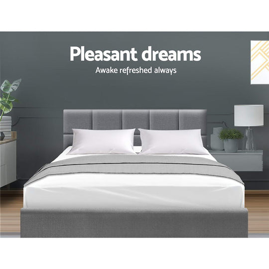 Beds & Bed Frames - Queen Bed Frame Grey Linen Upholstered Wooden Slat Bed with Plush Headboard